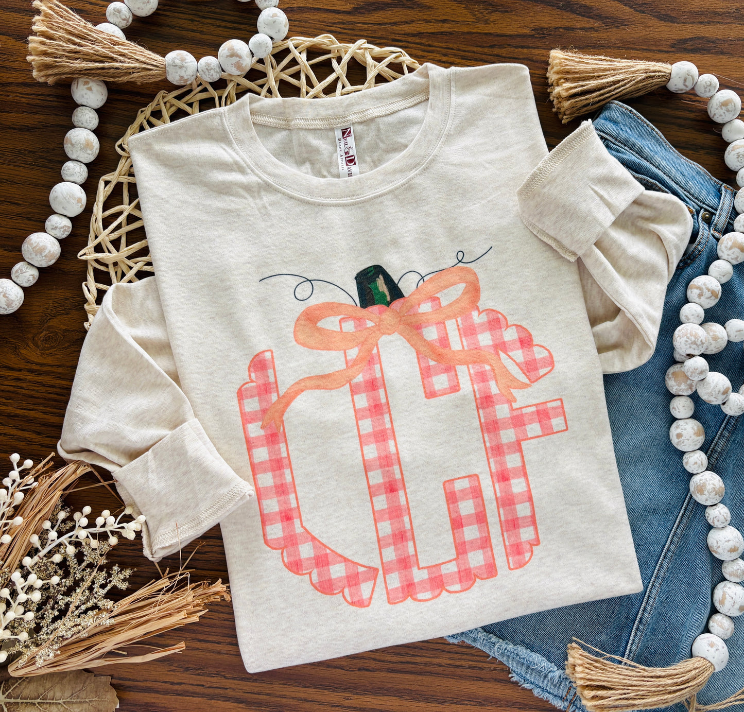 Pink Gingham Pumpkin Monogram on Oatmeal