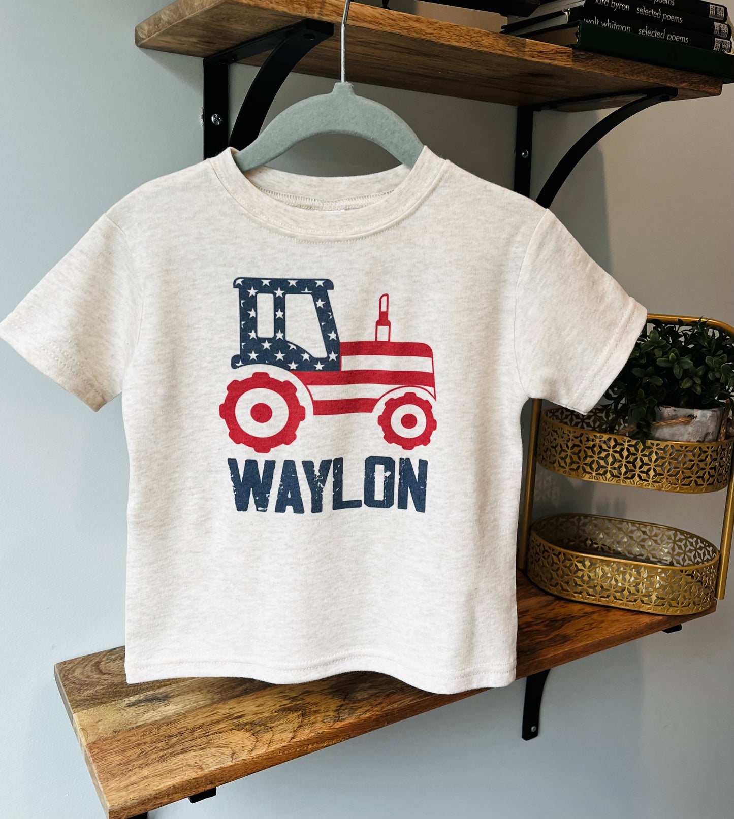 Red White Blue Flag Tractor with Name
