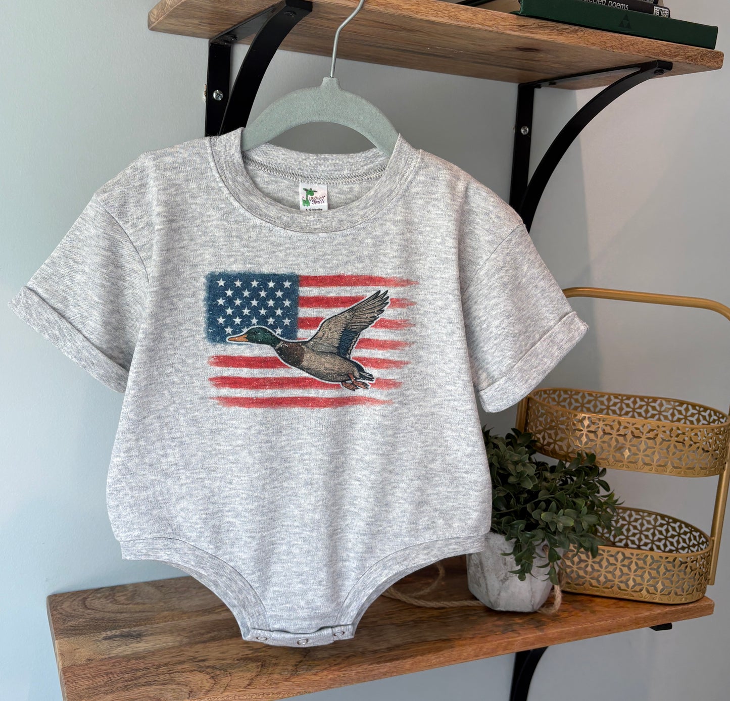 Mallard on USA Flag with or without Personalization on Grey