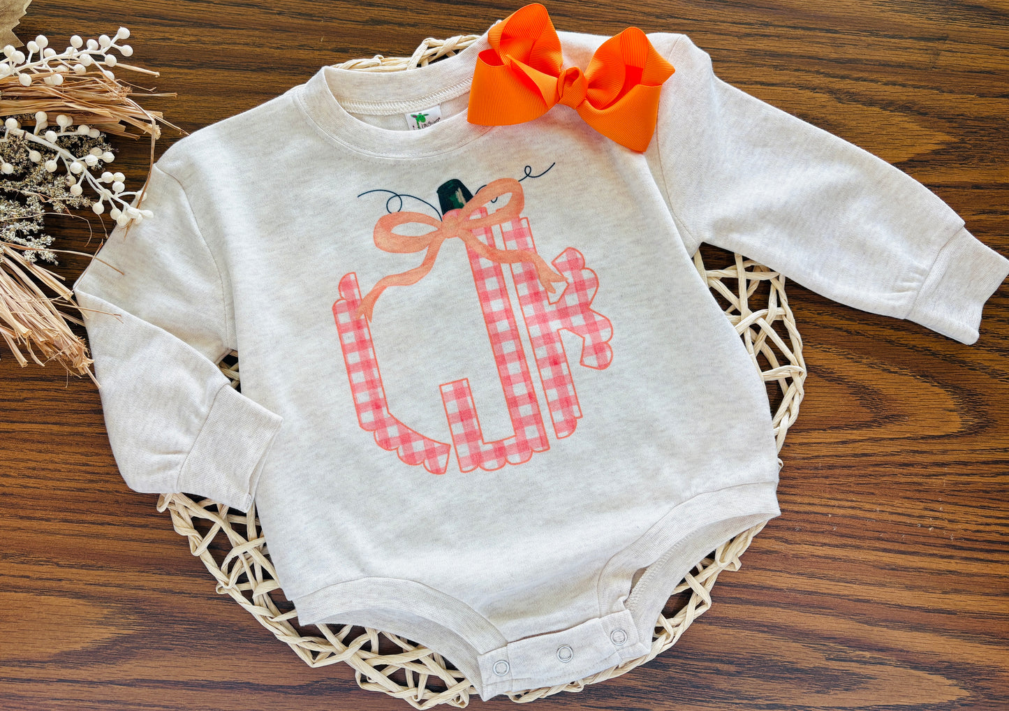 Pink Gingham Pumpkin Monogram on Oatmeal