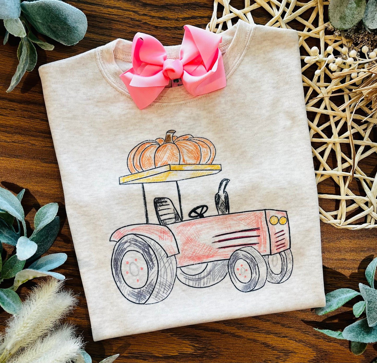 Pink Scribble Tractor with Pumpkin with or without Name