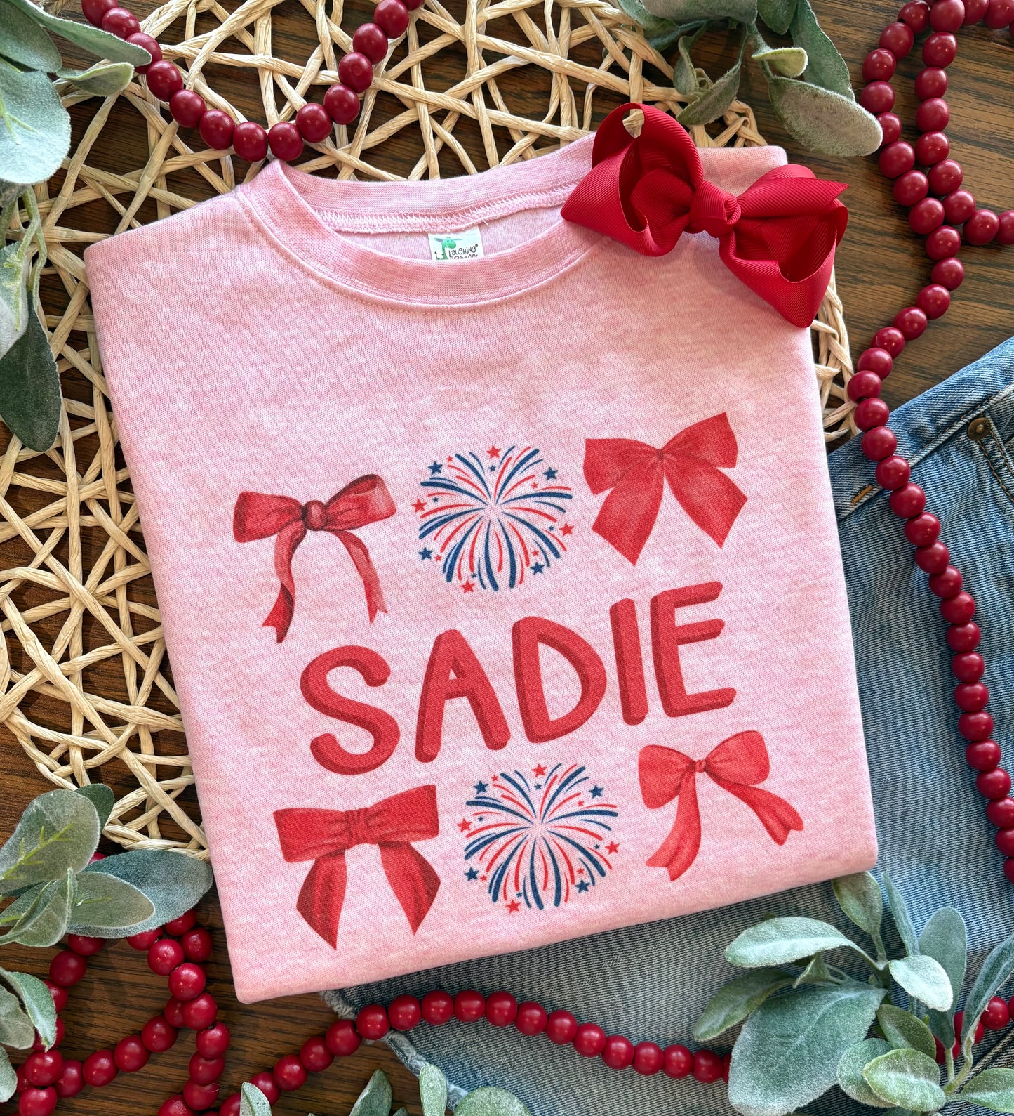 Fireworks and Bows with Name on Pink