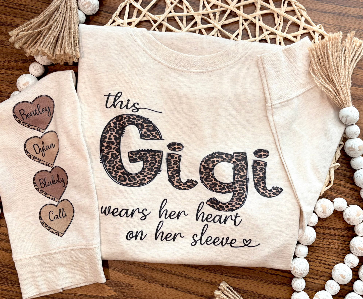 Wears Her Heart on Sleeve - Custom Fleece Lined Sweatshirt with Name + Names on Sleeve