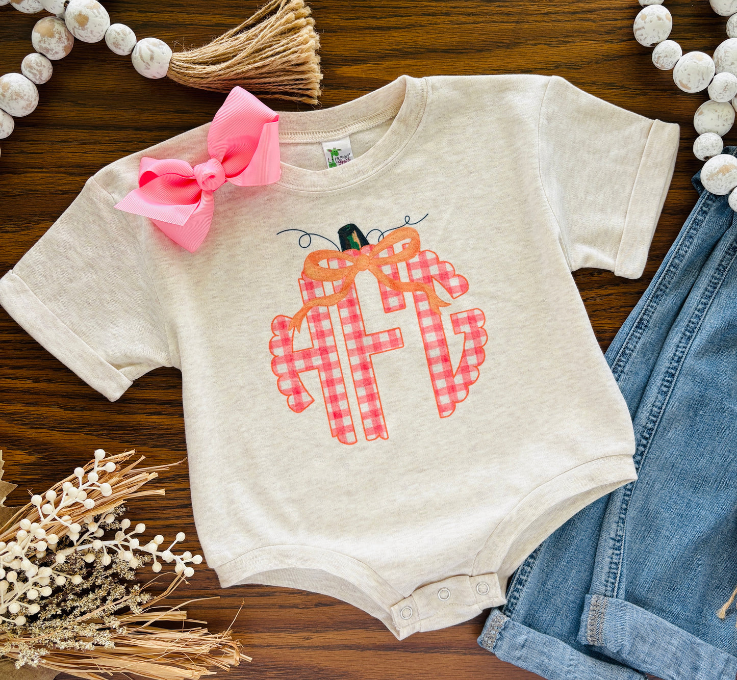 Pink Gingham Pumpkin Monogram on Oatmeal
