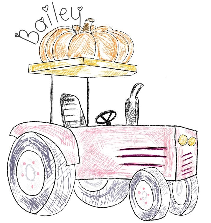 Pink Scribble Tractor with Pumpkin with or without Name