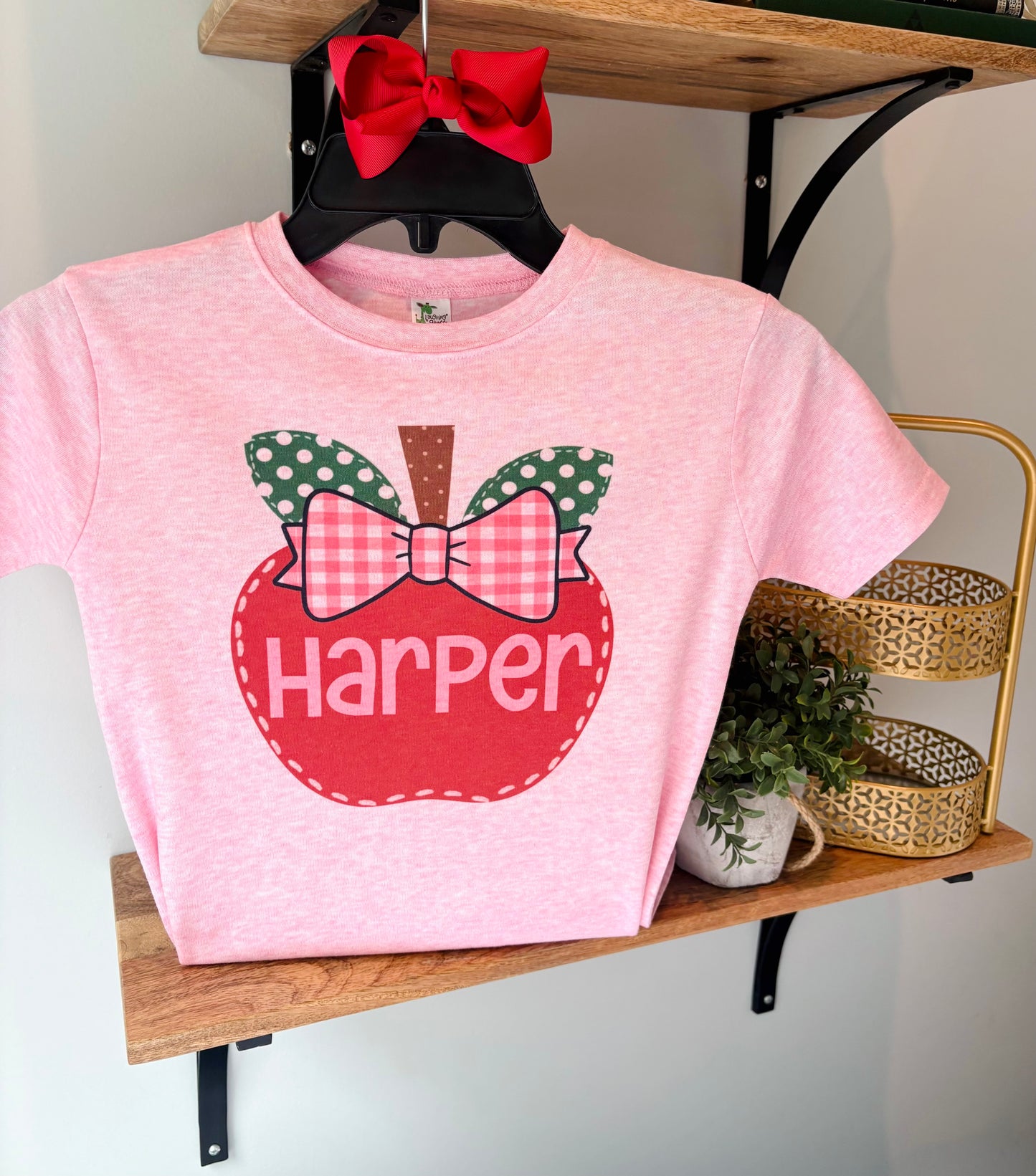 Apple with Plaid Bow with or without Personalization on Pink