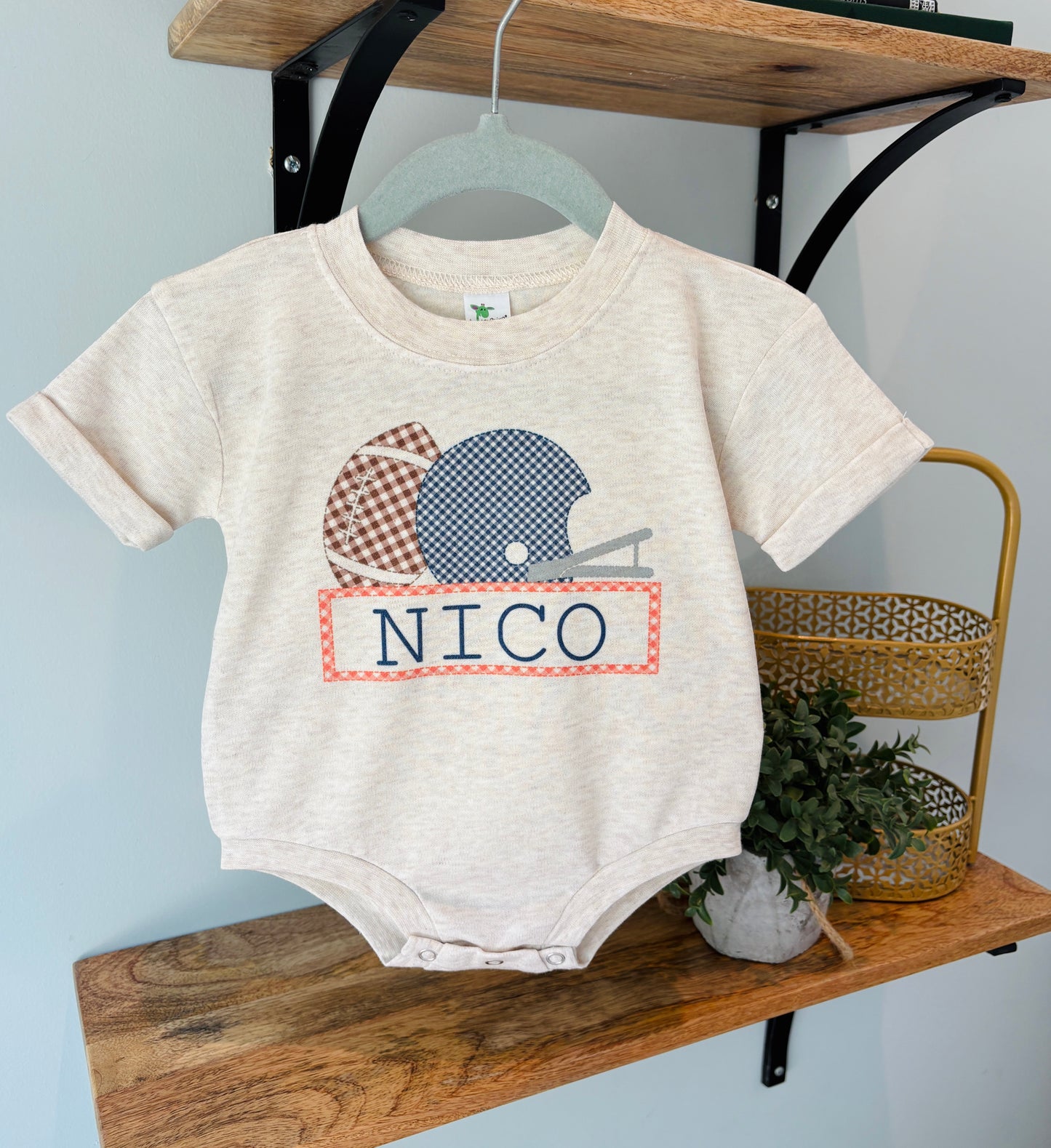 Boy Gingham Football Navy and Orange with Name on Oatmeal