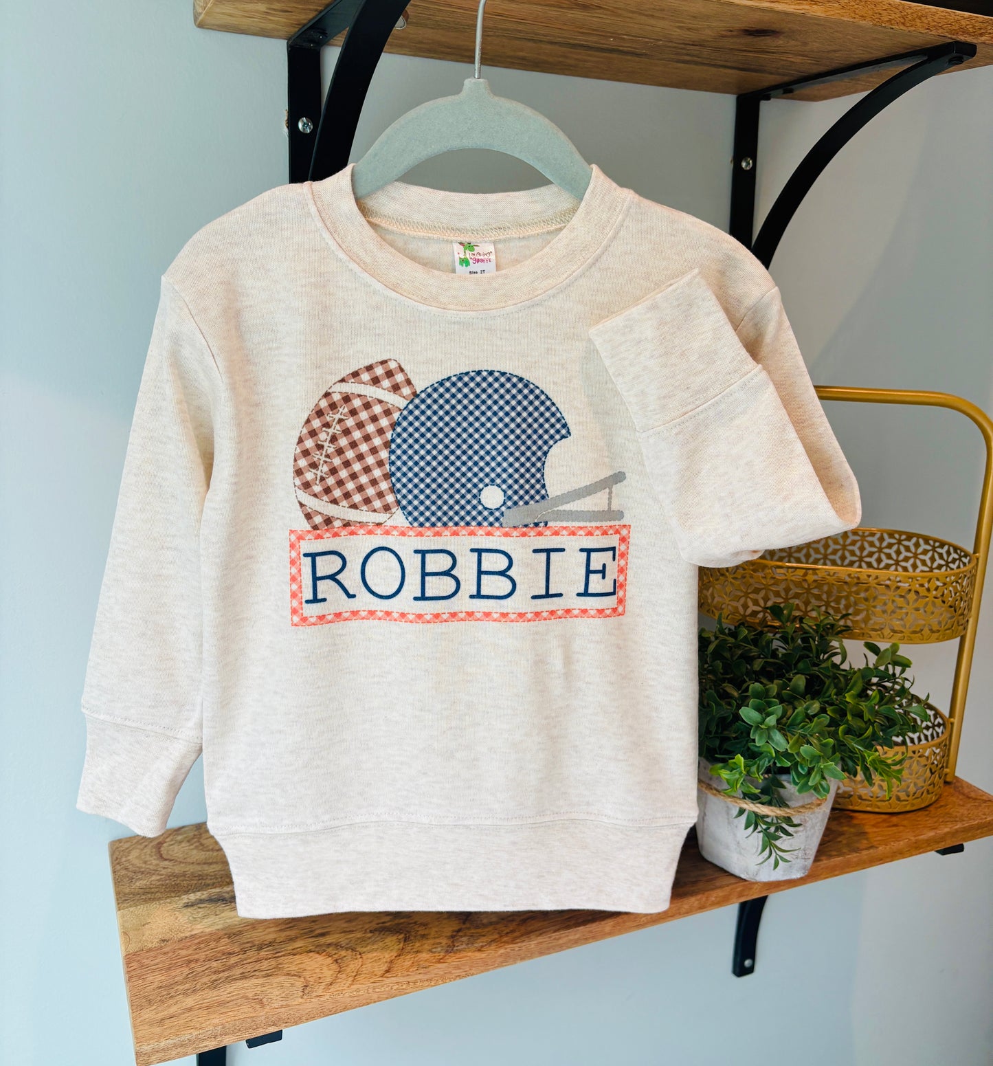 Boy Gingham Football Navy and Orange with Name on Oatmeal