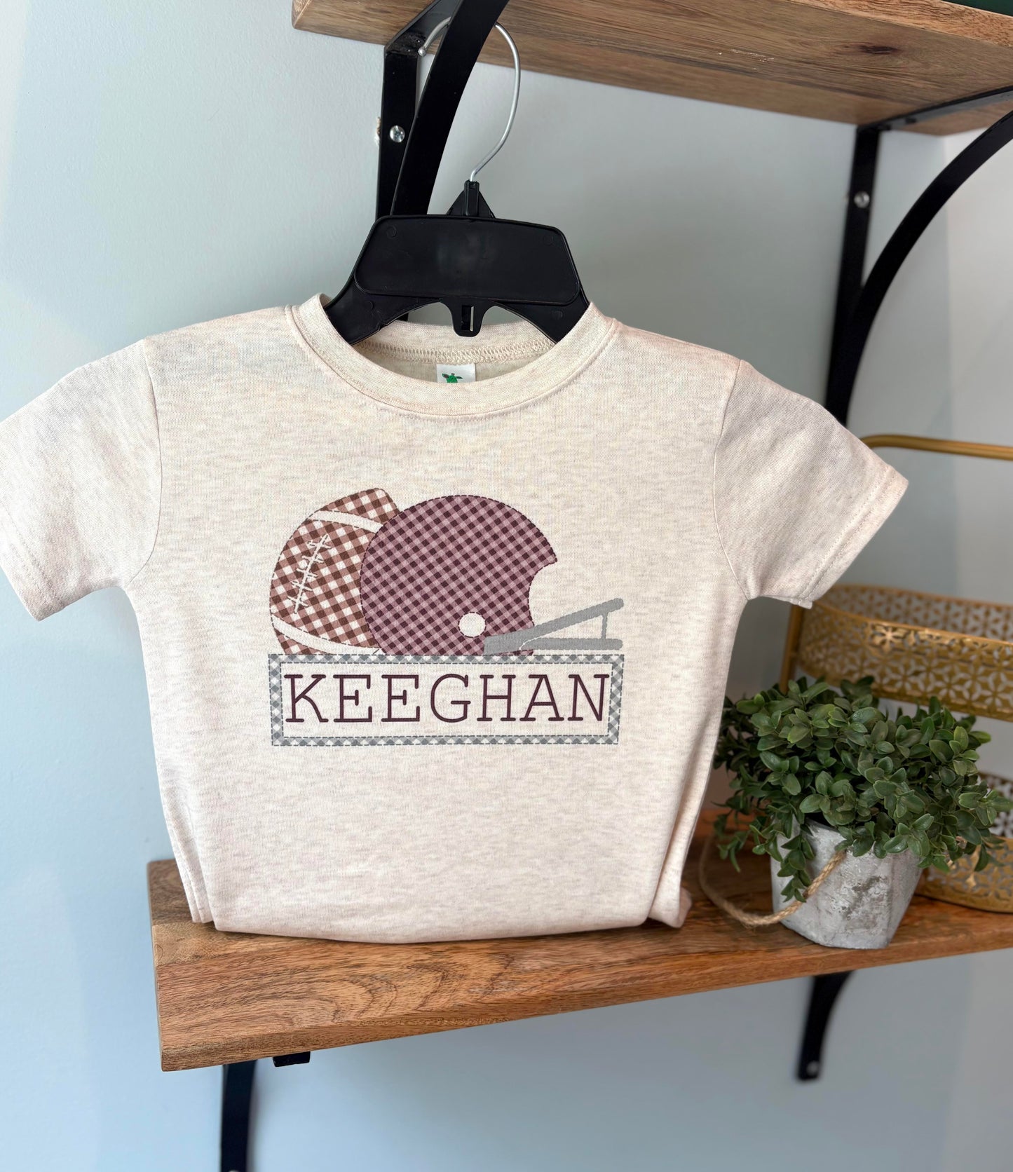 Boy Gingham Helmet with Grey Name Box on Oatmeal