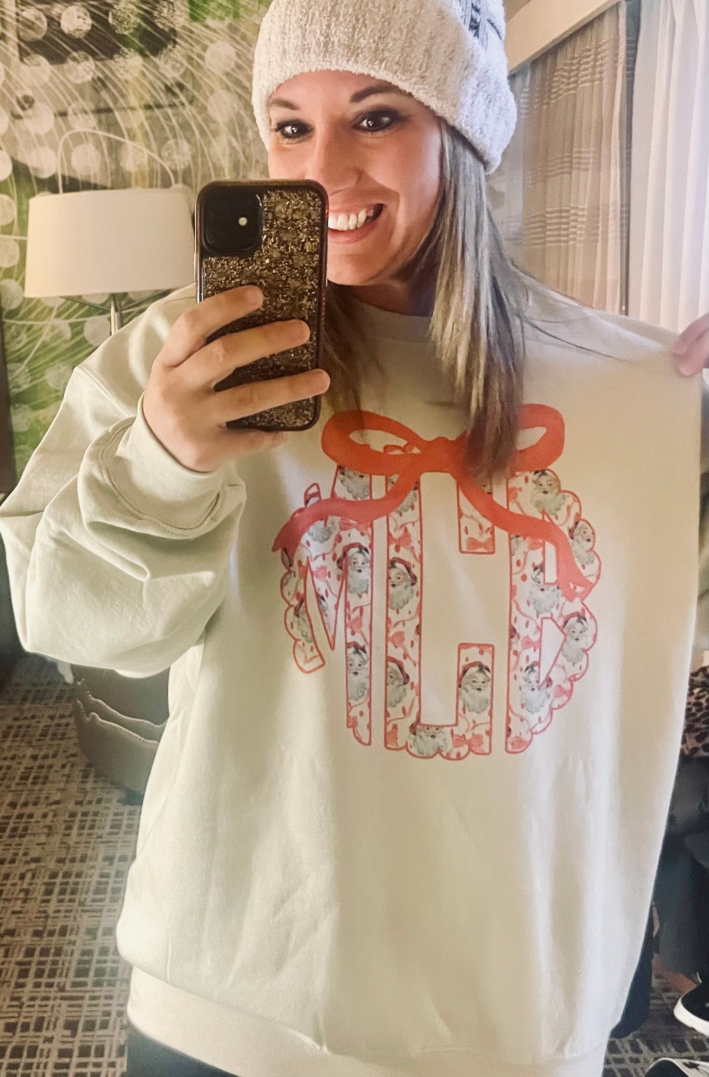 Santa Monogram with Bow on Sweatshirt