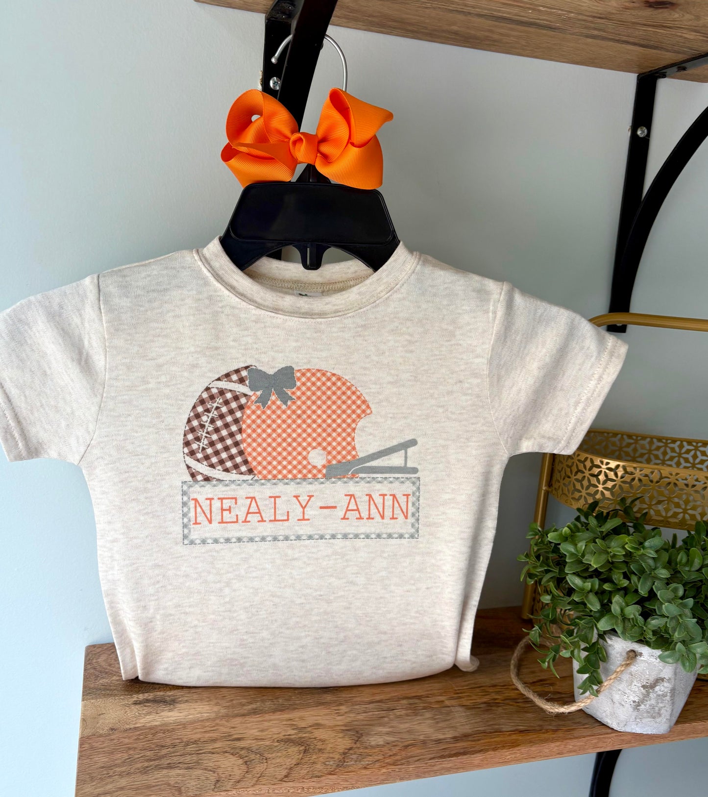 Girl Orange Gingham Helmet with Grey Name Box on Oatmeal