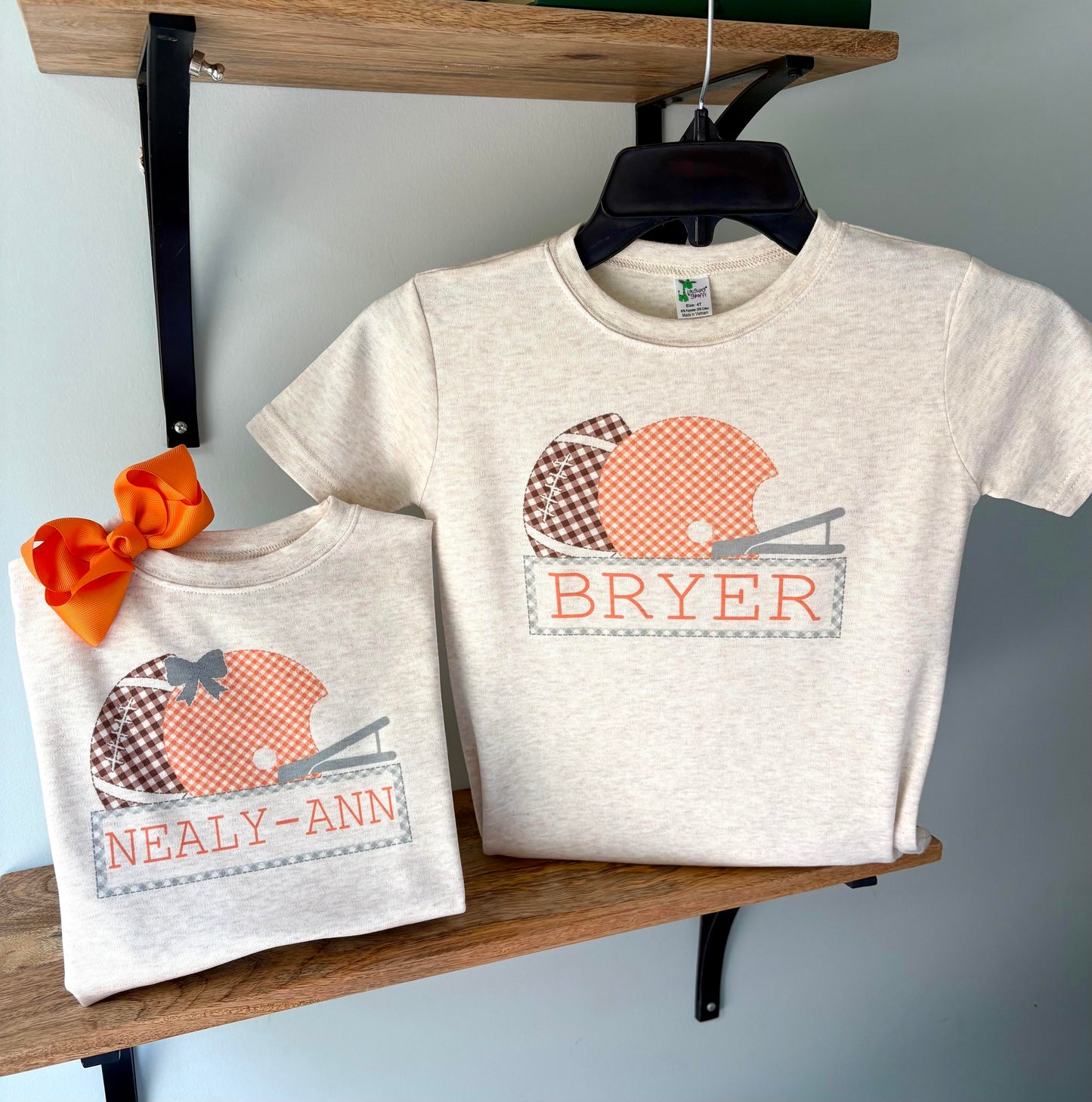 Boy Orange Gingham Helmet with Grey Name Box on Oatmeal