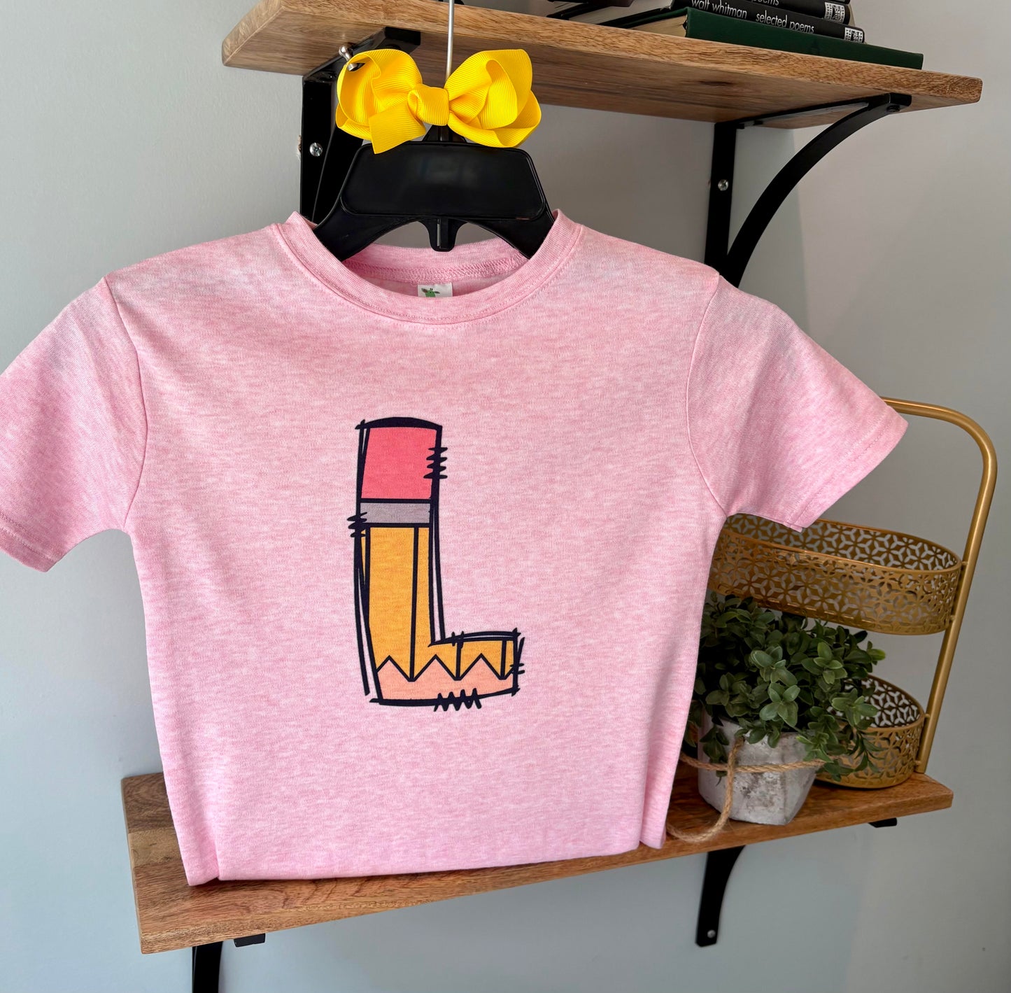 Yellow School Pencil Initial on Pink