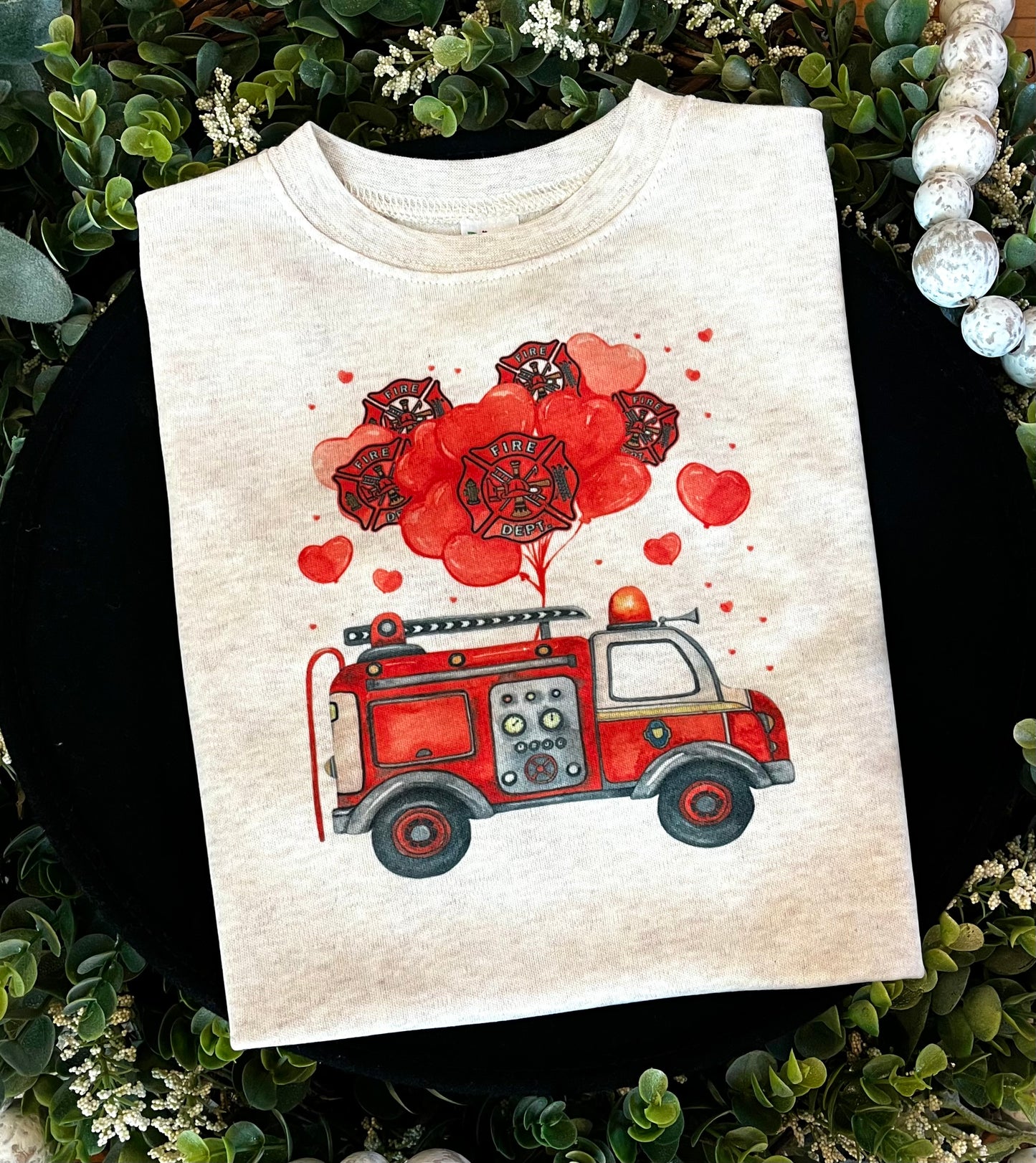 Firetruck with Heart Balloons