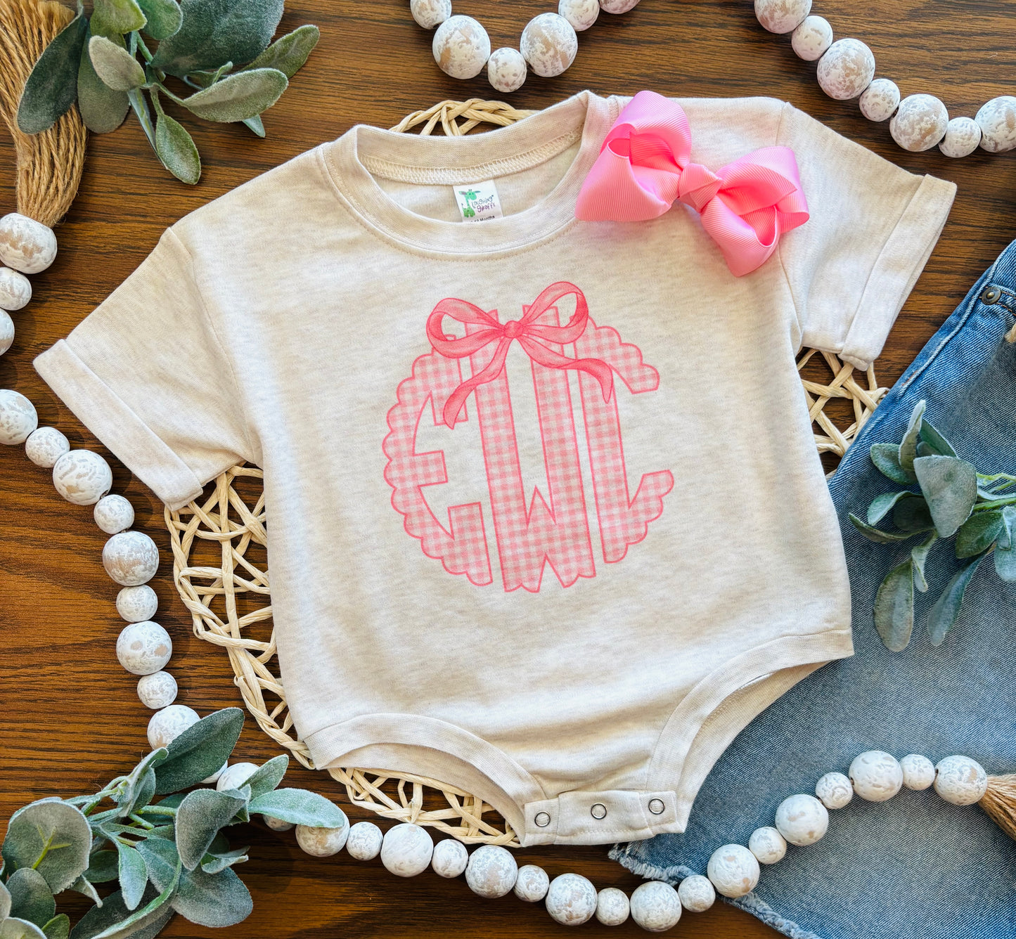 Pink Gingham Monogram with Bow on Oatmeal