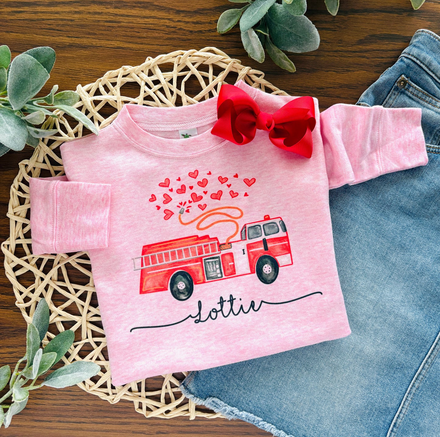Valentine Firetruck on Pink with or without Personalization