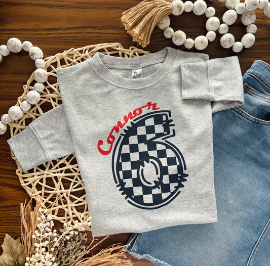 Racing Birthday Number and Name on Grey