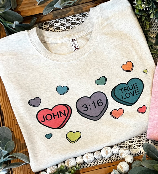 John 3:16 Candy Hearts on Oatmeal