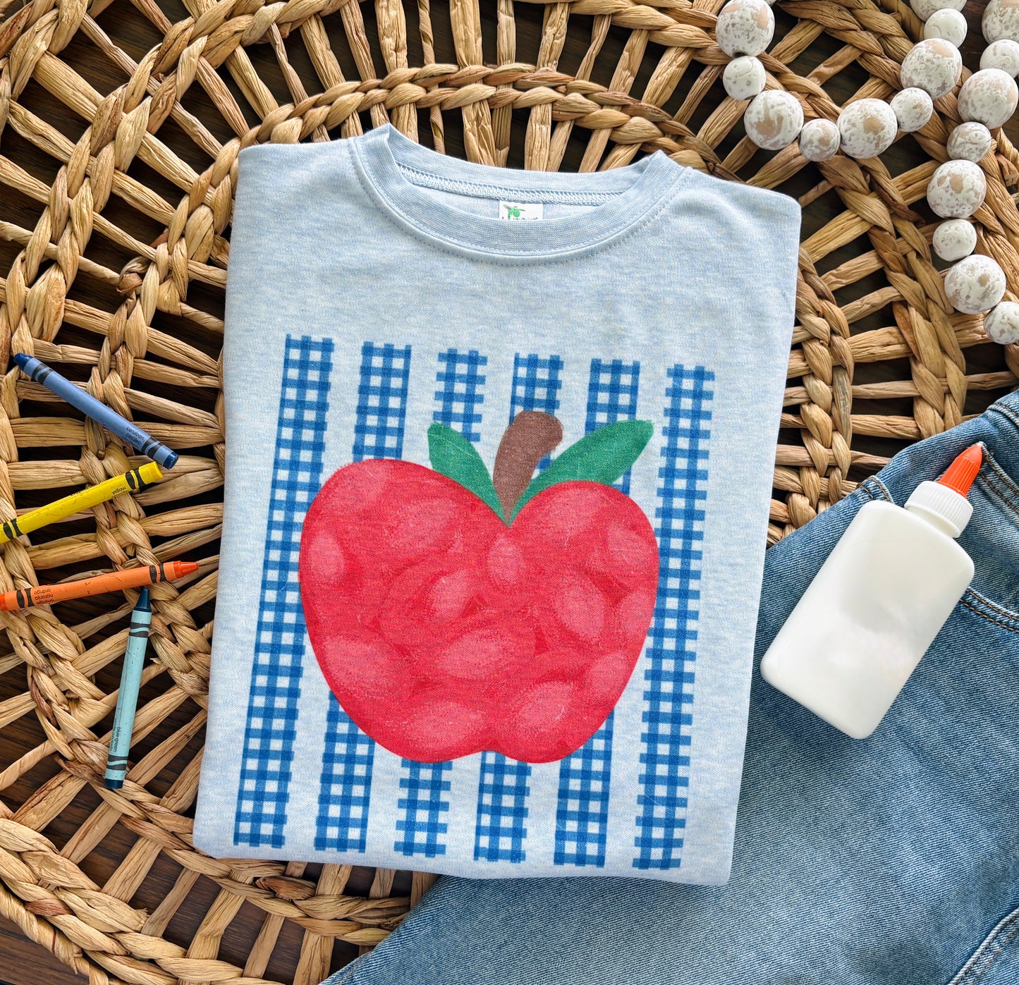 Blue Gingham Stripe Apple with Custom Name or Grade