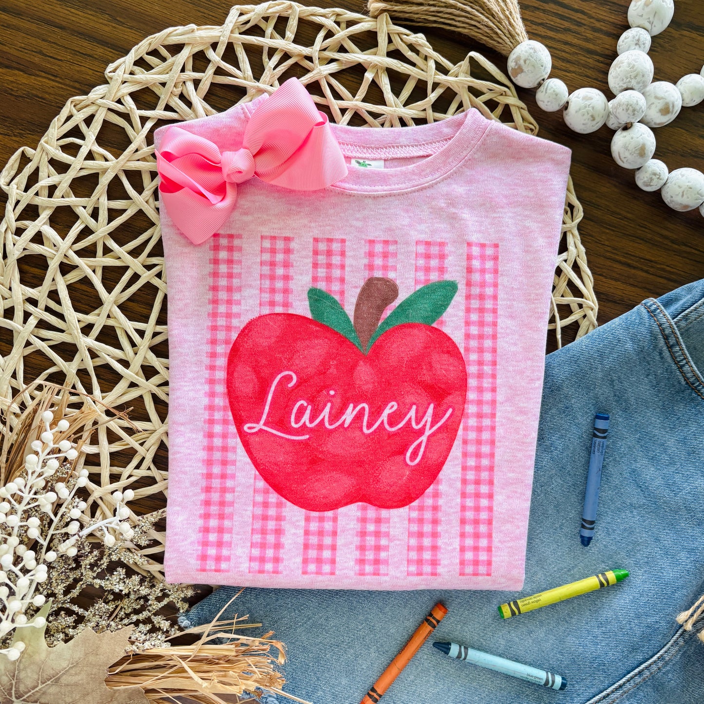 Pink Gingham Stripe Apple with Custom Name or Grade