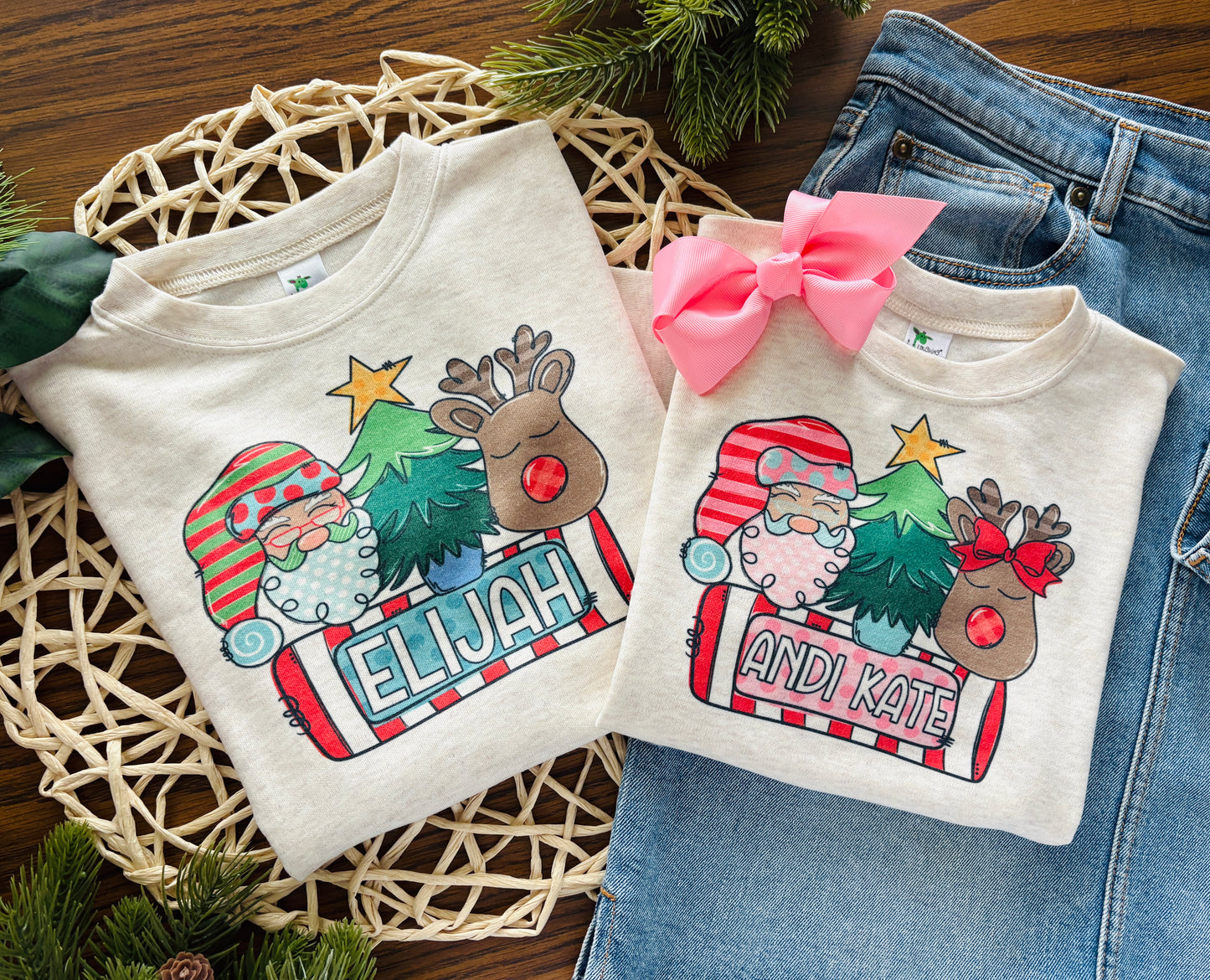 Girl Santa Trio with Name on Oatmeal