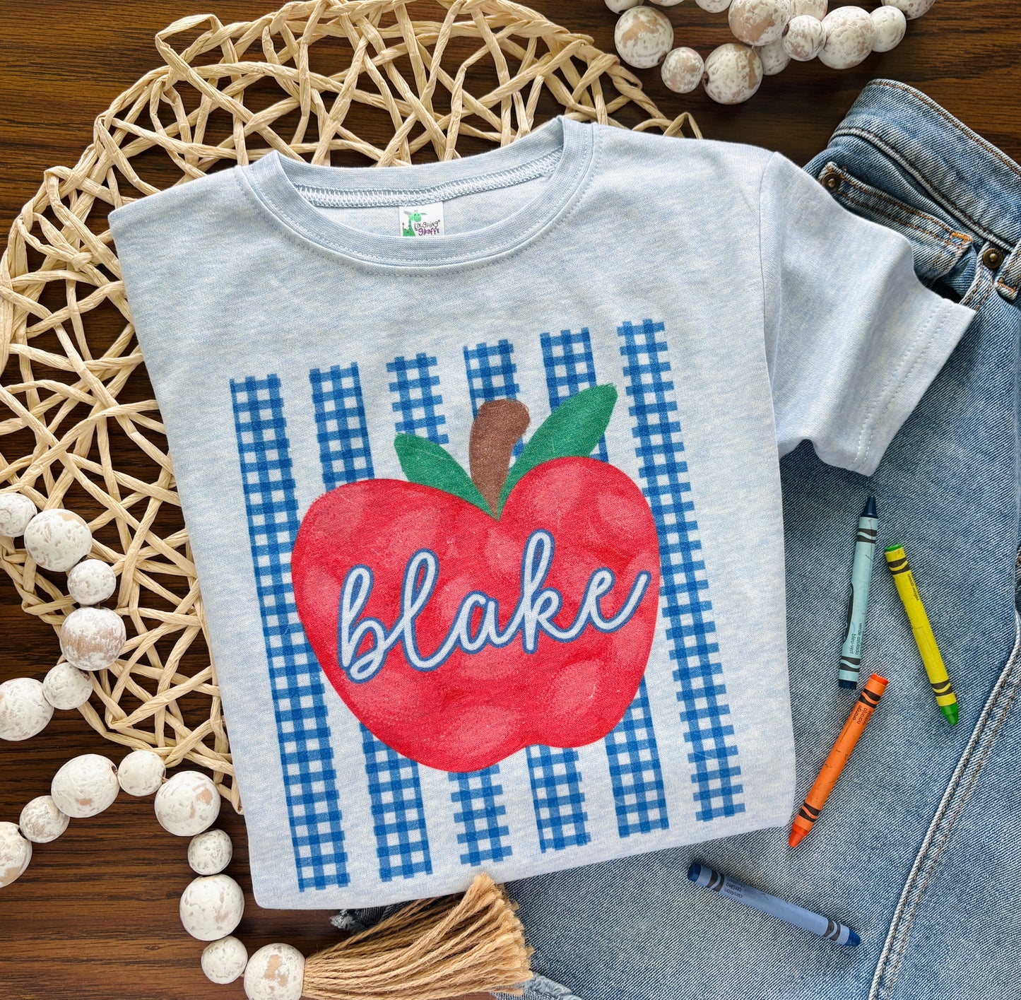 Blue Gingham Stripe Apple with Custom Name or Grade