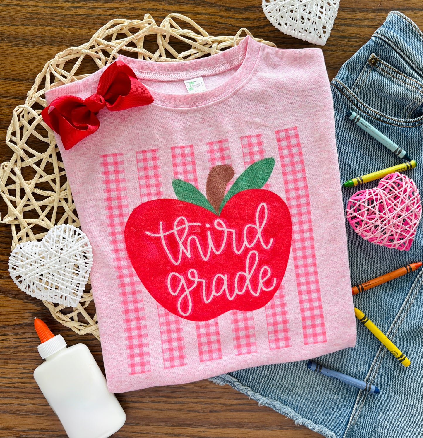 Pink Gingham Stripe Apple with Custom Name or Grade