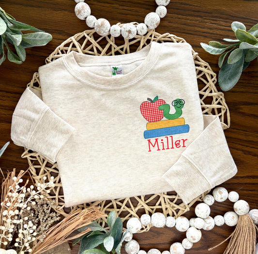 Chest Pocket Size School Books and Caterpillar with or without Name on Oatmeal