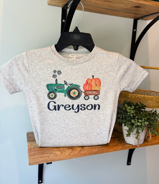 Green Tractor and Pumpkins with or without Personalization - on Grey