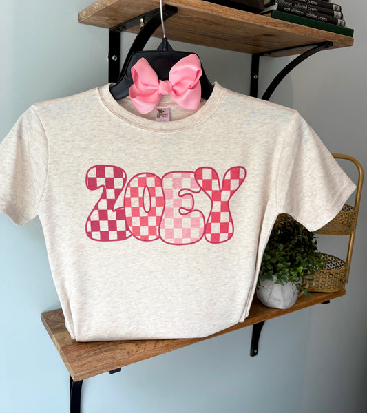 Pink Check Custom Name on Oatmeal