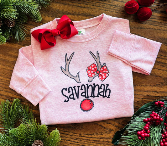 Girl Reindeer Antlers Name on Pink