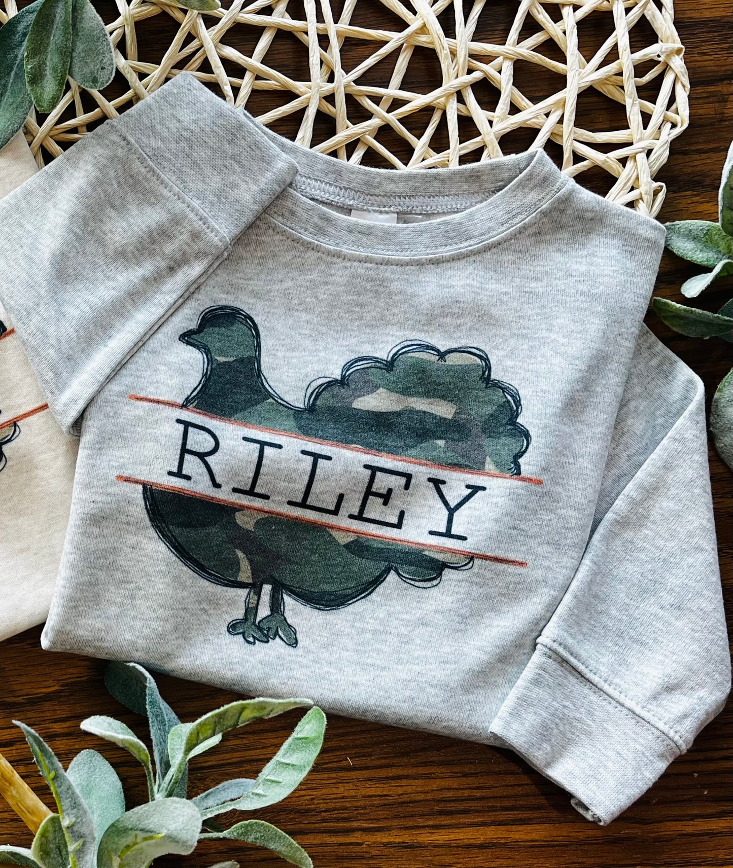 Camo Turkey with Name Plate on Grey (for boy or girl)