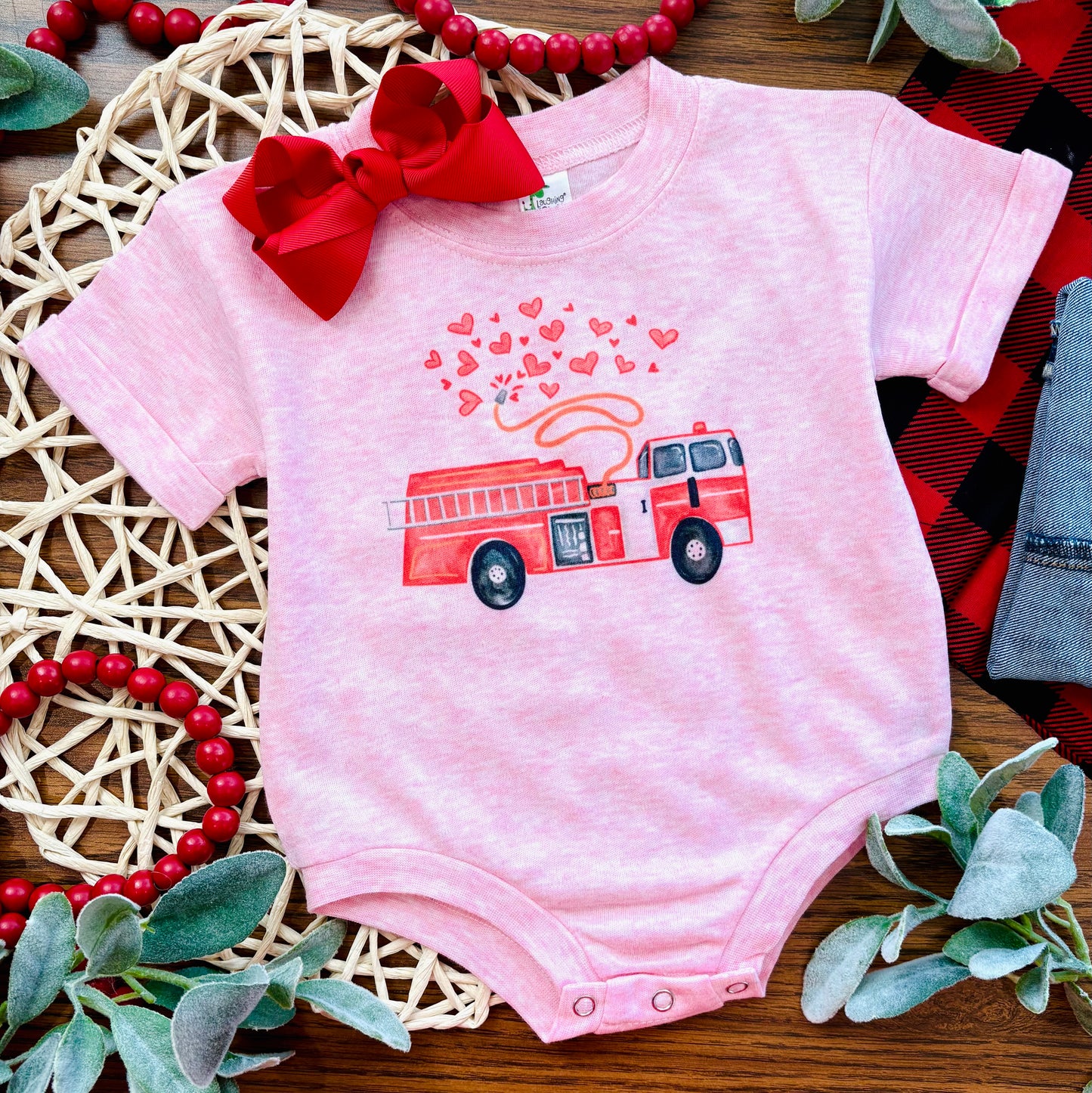 Valentine Firetruck on Pink with or without Personalization