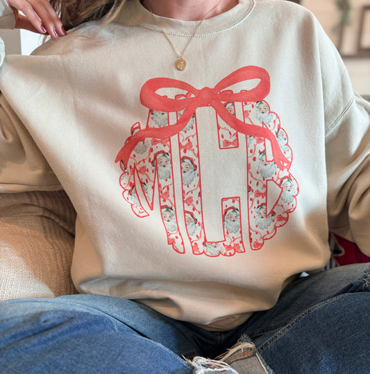 Santa Monogram with Bow on Sweatshirt