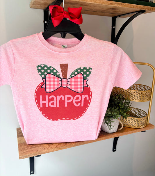 Apple with Plaid Bow with or without Personalization on Pink