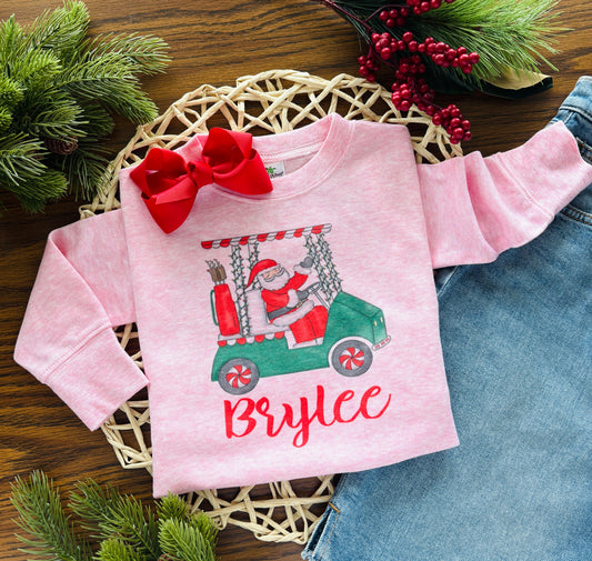 Girl Santa Golf Cart on Pink with or without Personalization