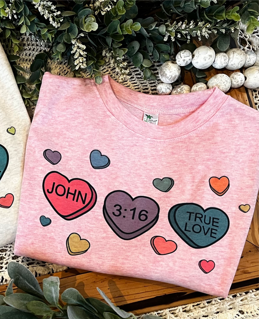 John 3:16 Candy Hearts on Pink