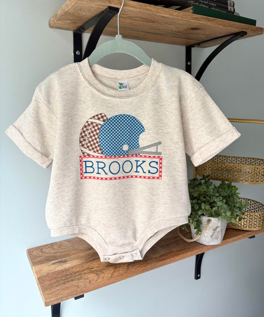 Boy Blue Gingham Helmet with Red Name Box on Oatmeal