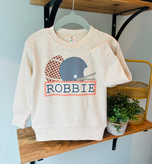 Boy Gingham Football Navy and Orange with Name on Oatmeal