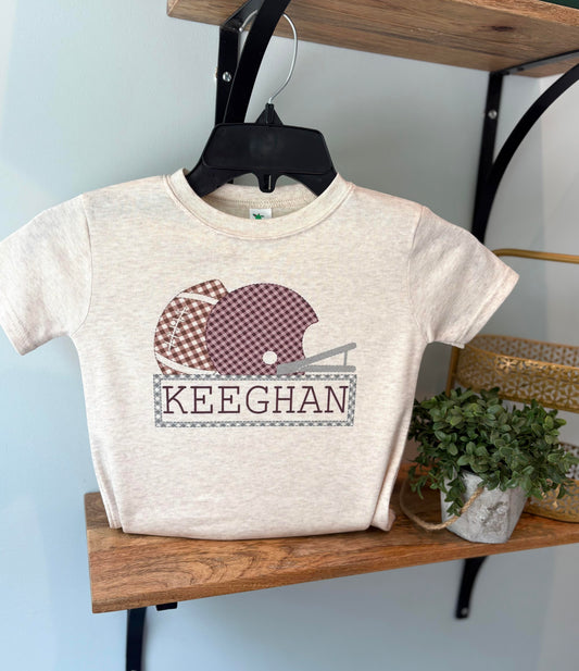 Boy Gingham Helmet with Grey Name Box on Oatmeal
