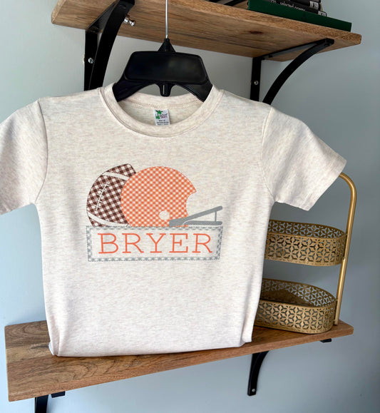 Boy Orange Gingham Helmet with Grey Name Box on Oatmeal