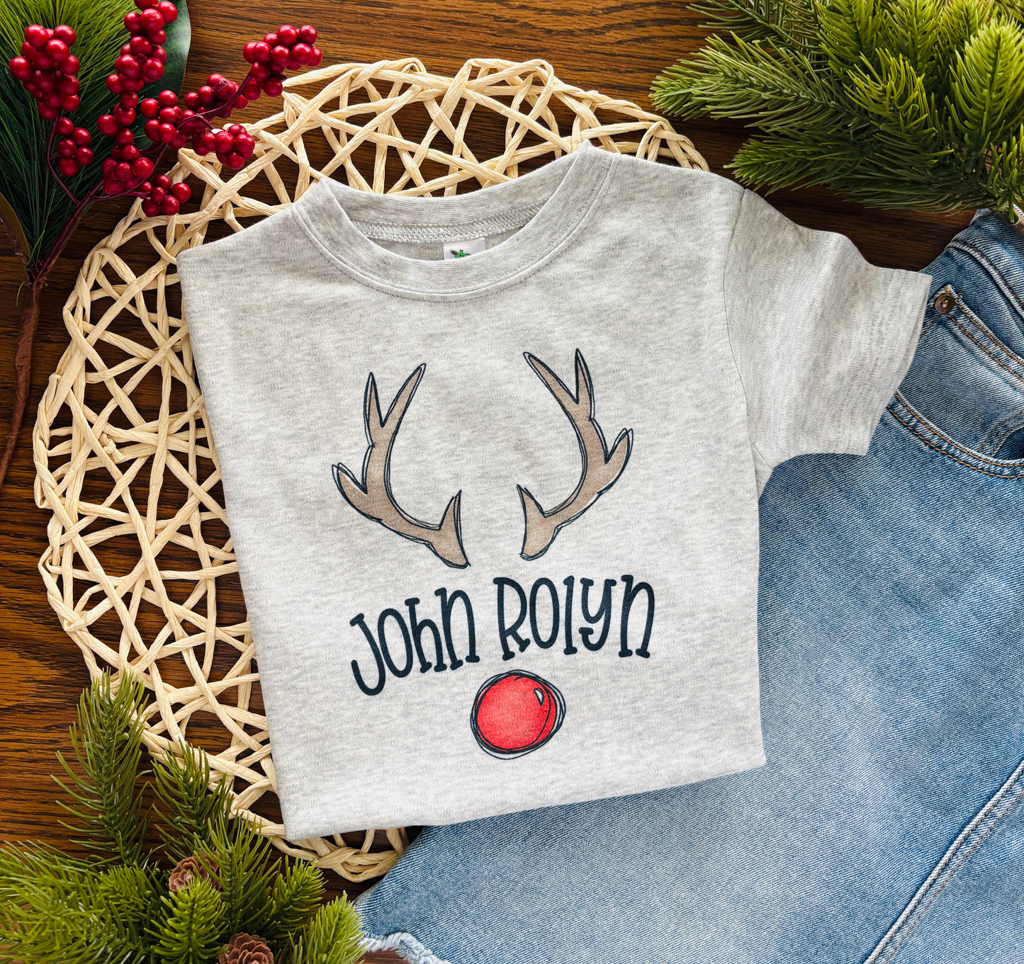 Boy Reindeer Name on Grey