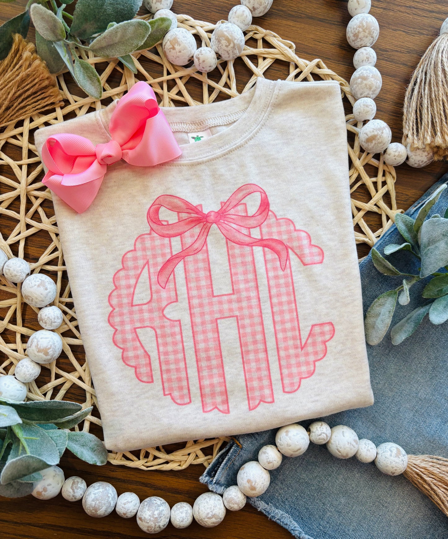 Pink Gingham Monogram with Bow on Oatmeal