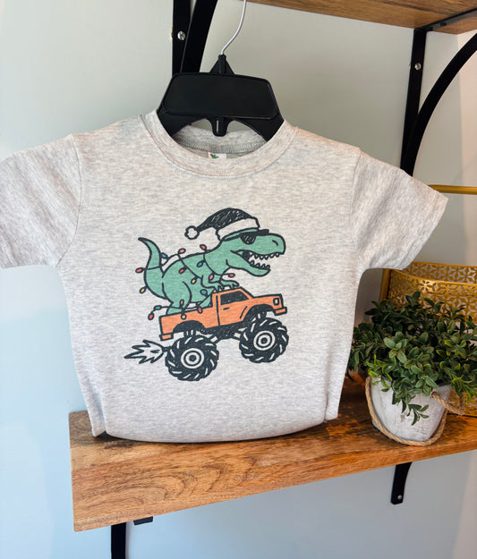 Christmas Dino on Monster Truck on Grey