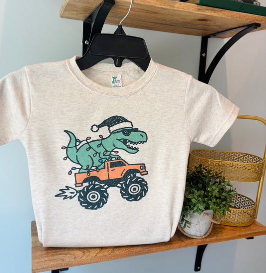 Christmas Dino on Monster Truck on Oatmeal