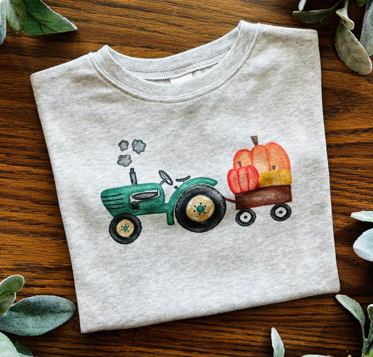 Green Tractor with Pumpkins on Grey