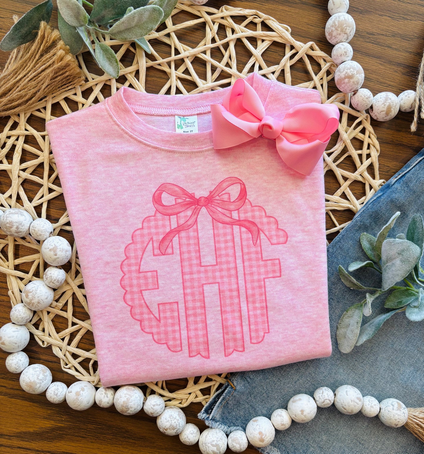 Pink Gingham Monogram with Bow on Pink