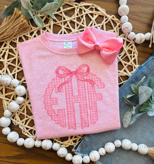 Pink Gingham Monogram with Bow on Pink