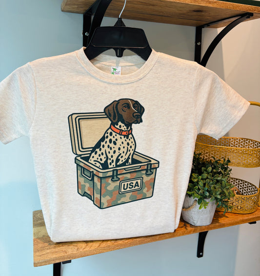 German Shorthaired Pointer in Camo Cooler on Oatmeal