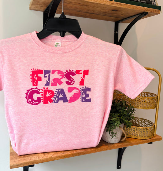 Girl Dino Grades! Custom grade on Pink: Preschool, Kindergarten, 1st, 2nd, 3rd, 4th, 5th, 6th